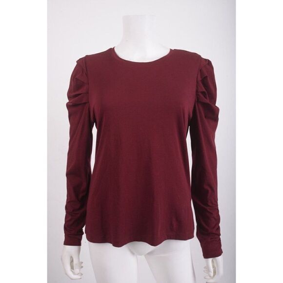 7 For All Mankind Womans Pleated Top Shirt M Burgundy Maroon Puff sleeve NWT - Picture 1 of 6